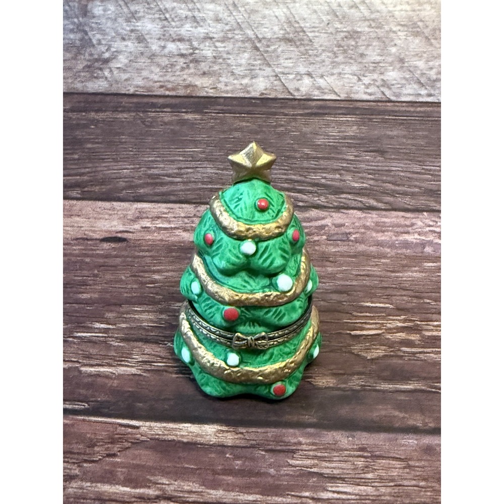 Vintage Hand Painted Ceramic Green Christmas Holiday Tree Gold Star Trinket‎ Box